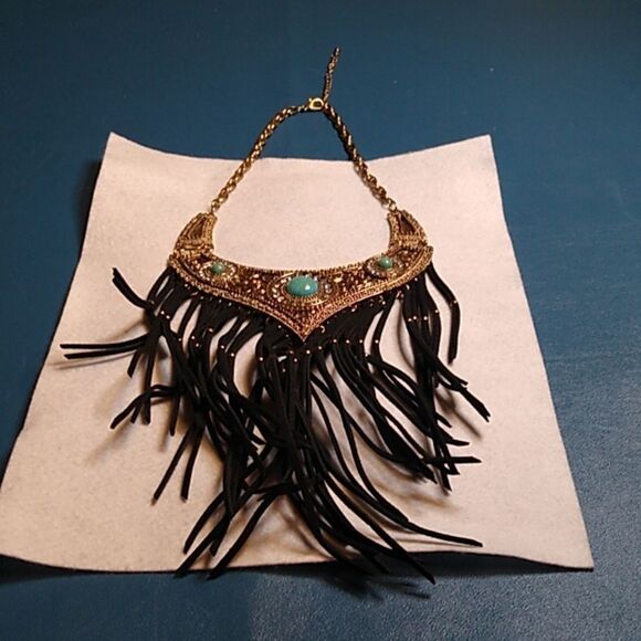 Bohemian Gold and Black Fringe Necklace Three Cabochons circled Rhinestones - Picture 4 of 8